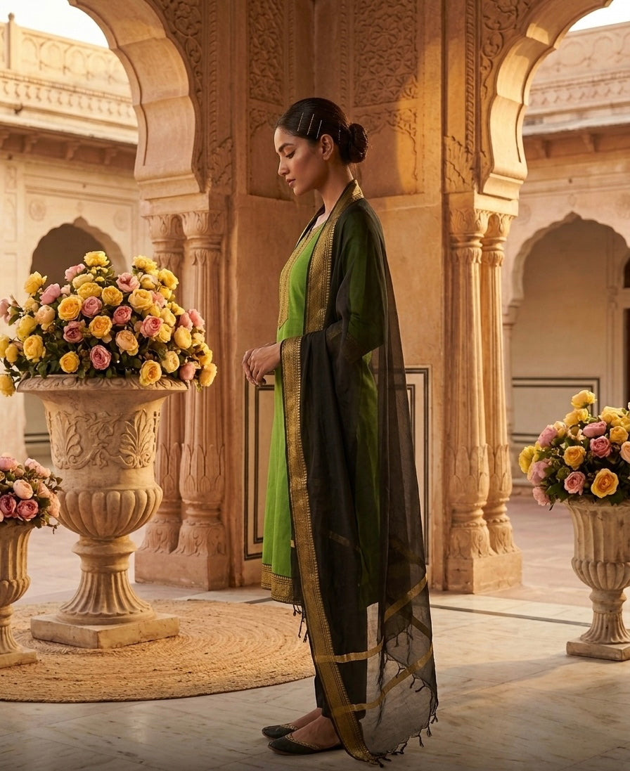 Fancy Kanchi Cotton Zari Work Olive & Black Kurti Set