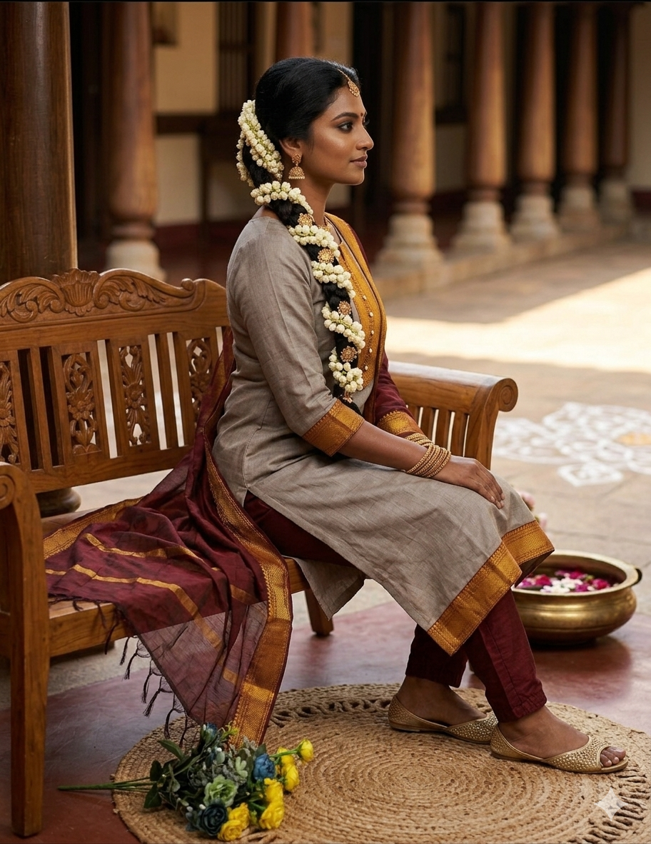 Fancy Kanchi Cotton Zari Work Standard Brown & Maroon Kurti Set