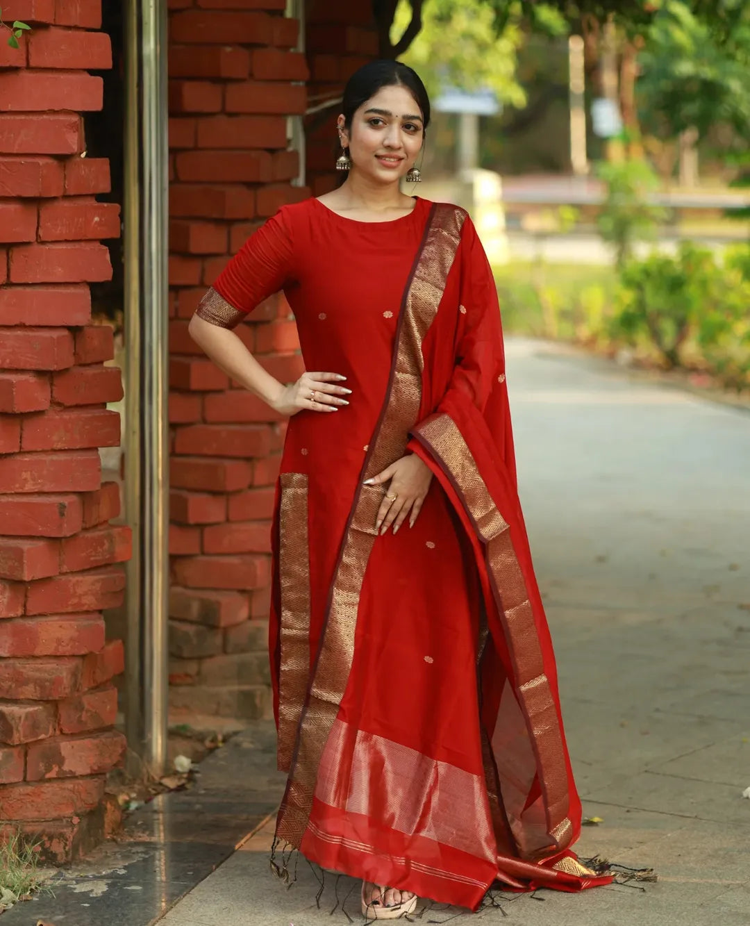 Nayantara Elegant Straight Kanchi Cotton Red Kurti With Dupatta