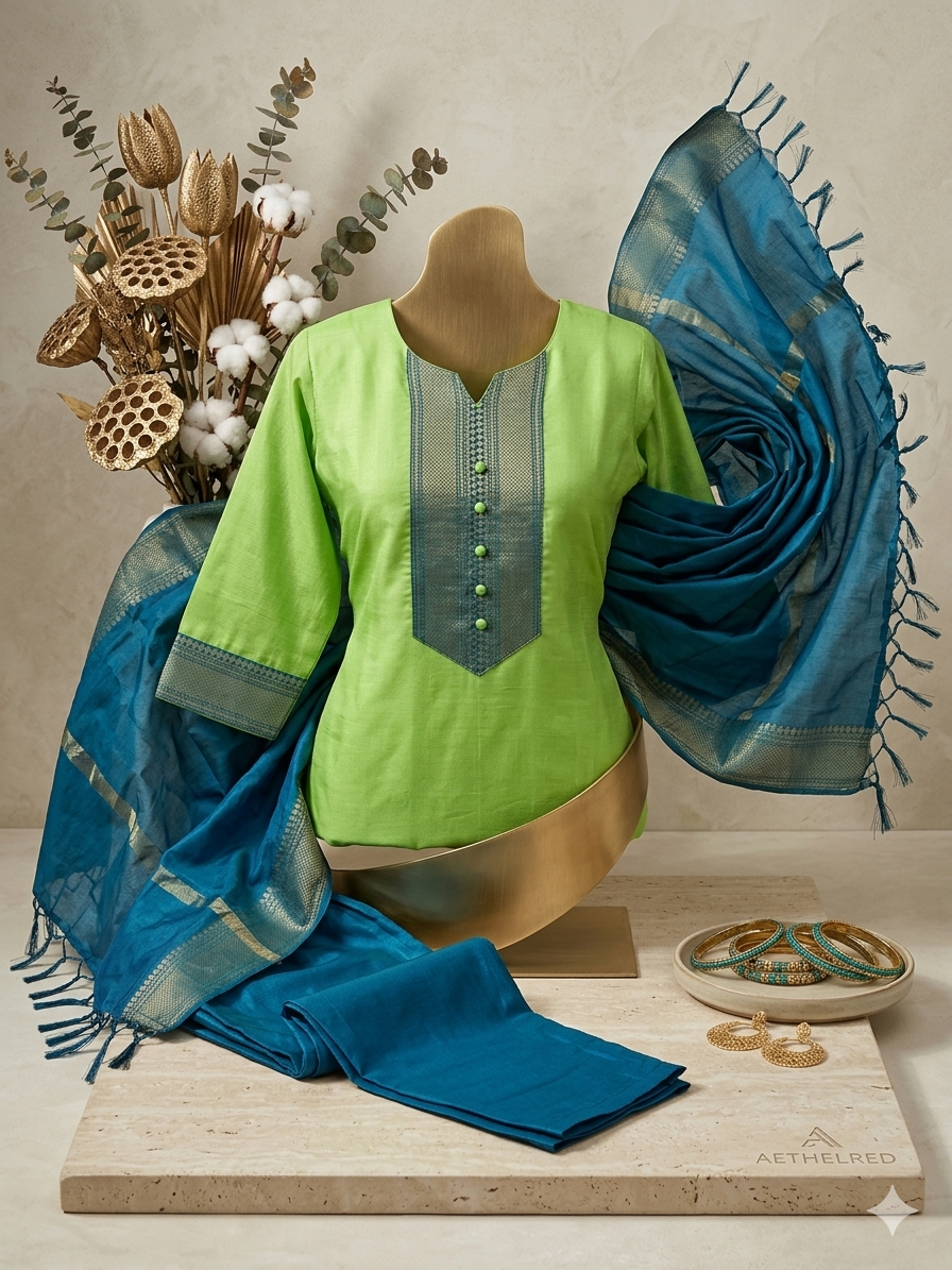 Fancy Kanchi Cotton Zari Work Pista Kurti Set