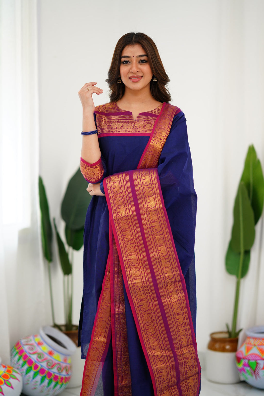 Meera Elegant Kanchi Cotton V-Neck Blue Kurti With Dupatta