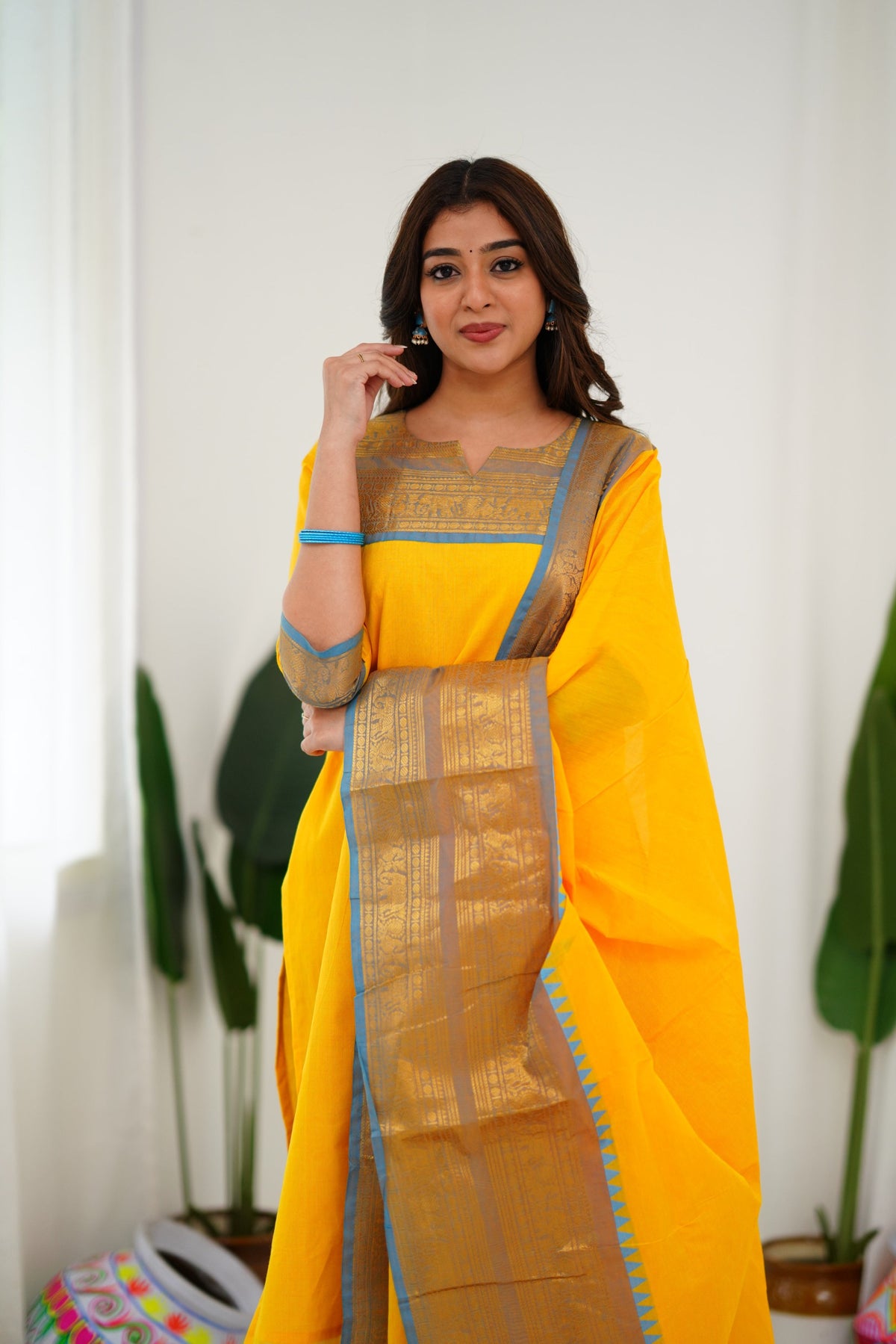 Meera Elegant Kanchi Cotton V-Neck Yellow Kurti With Dupatta
