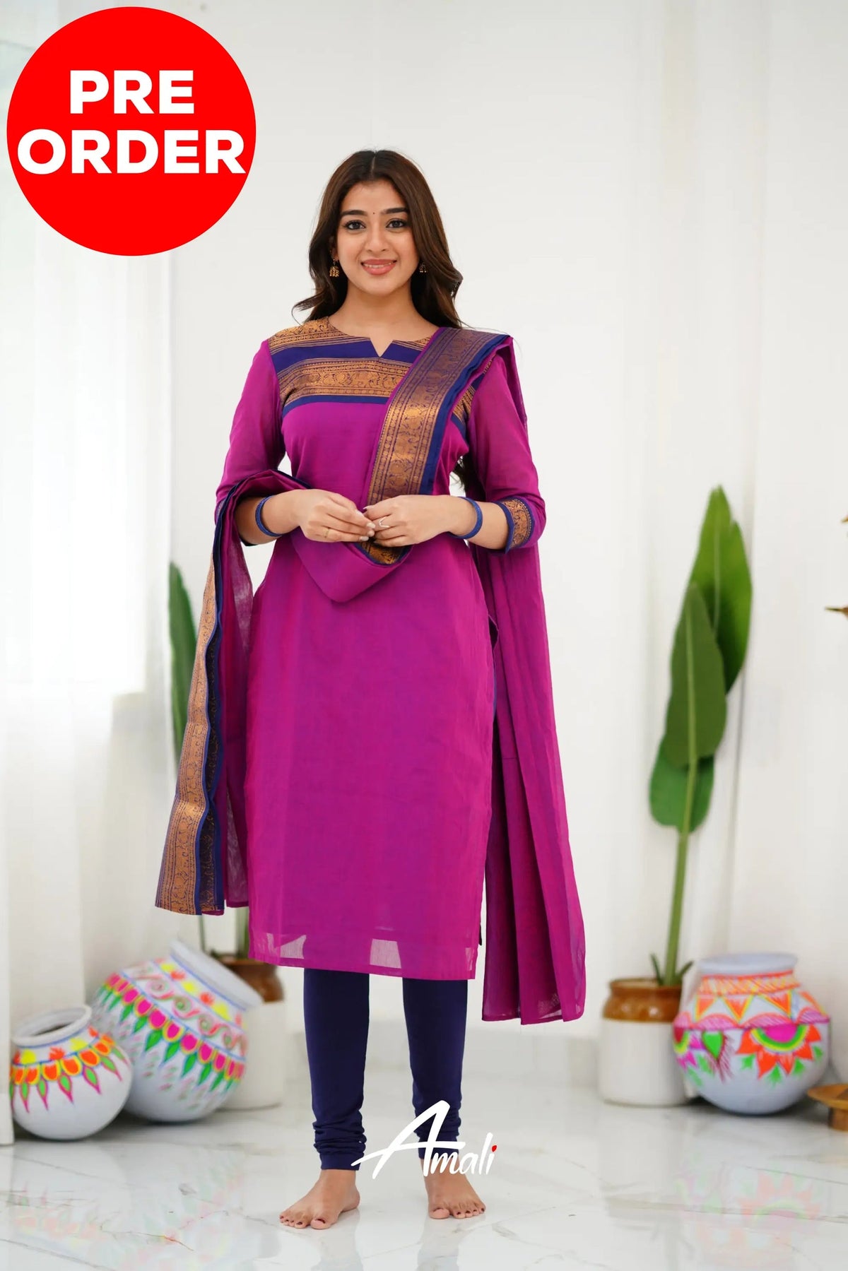 Meera Elegant Kanchi Cotton V-Neck Pink Kurti With Dupatta