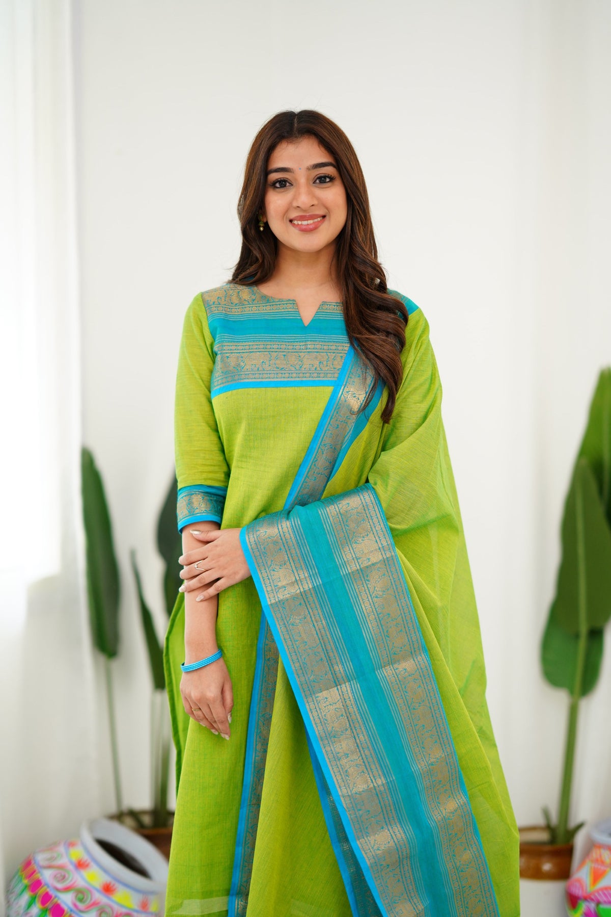 Meera Elegant Kanchi Cotton V-Neck Light Green Kurti With Dupatta