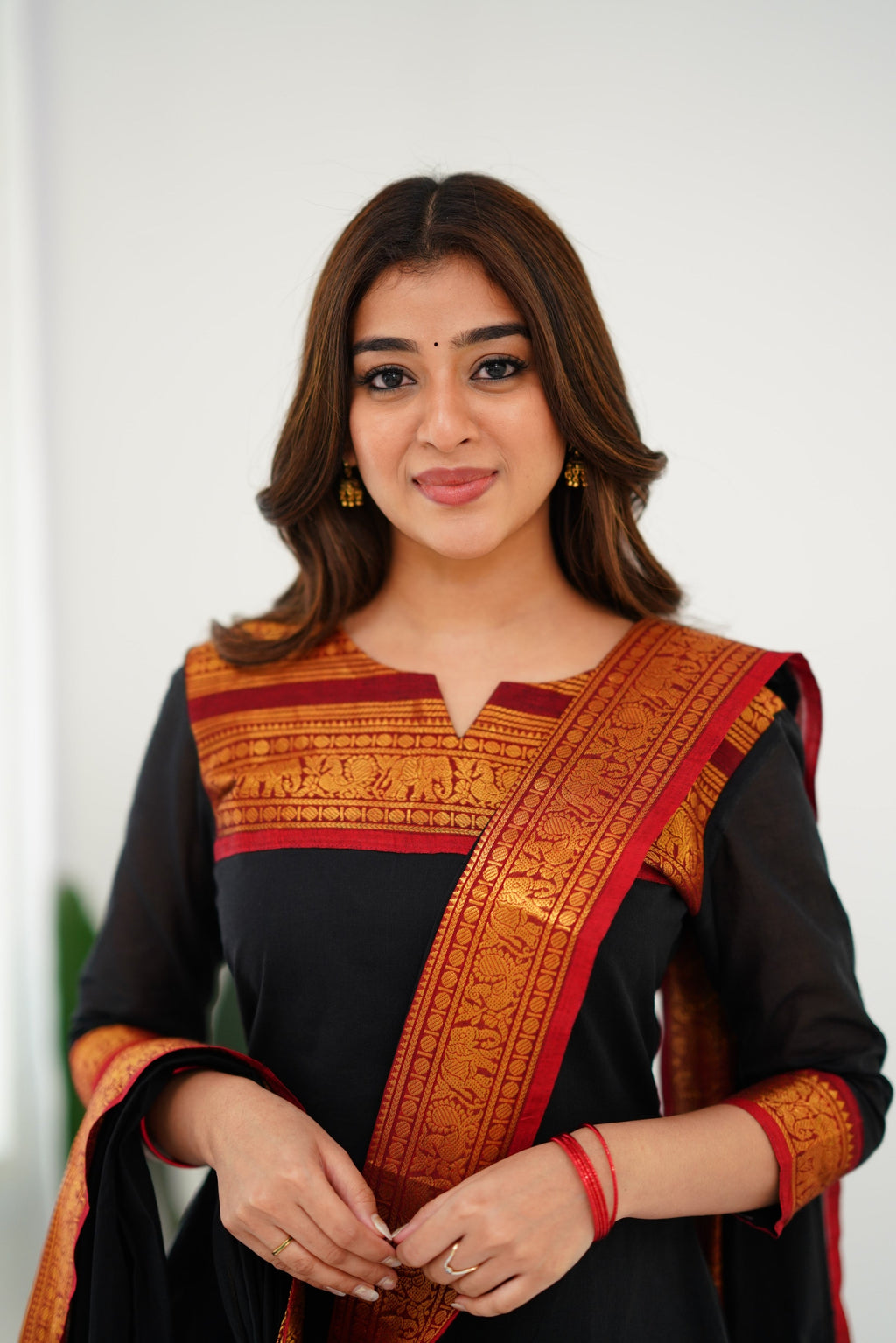 Meera Elegant Kanchi Cotton V-Neck Black Kurti With Dupatta