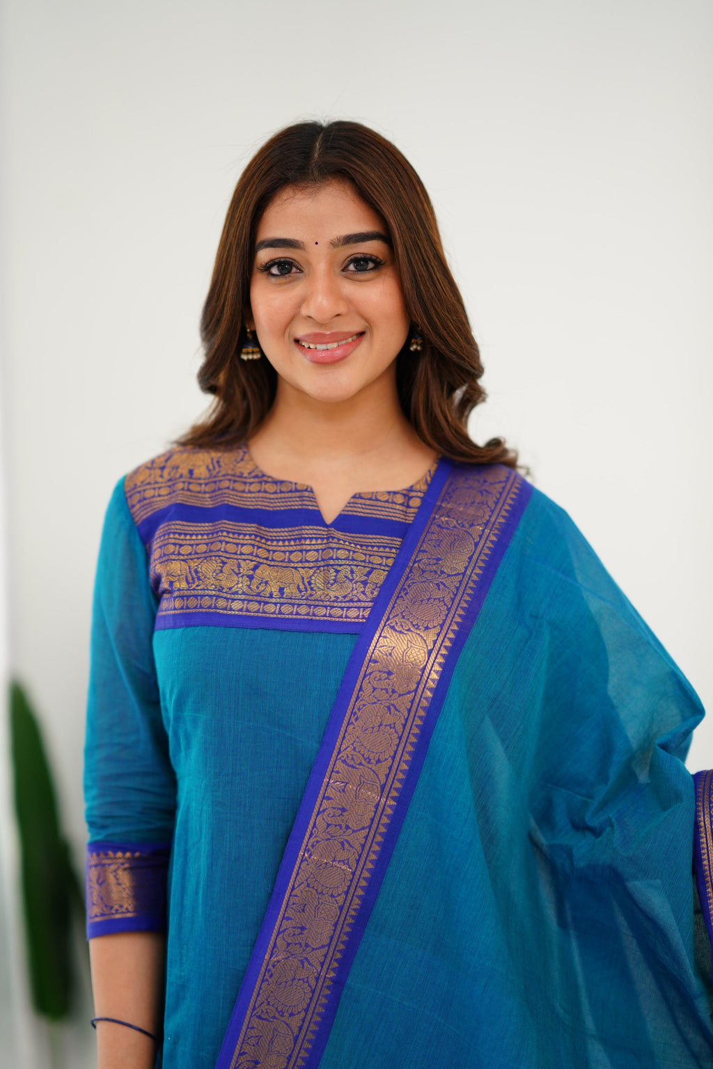 Meera Elegant Kanchi Cotton V-Neck Sky Blue Kurti With Dupatta