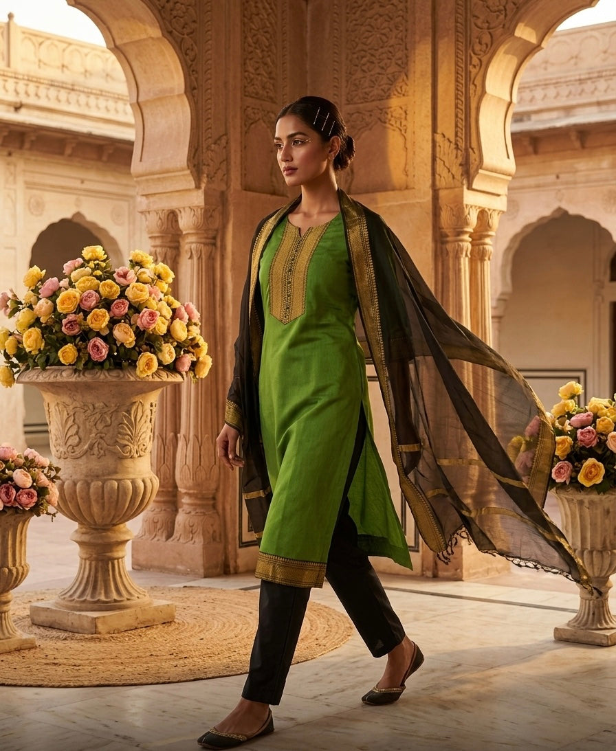Fancy Kanchi Cotton Zari Work Olive & Black Kurti Set