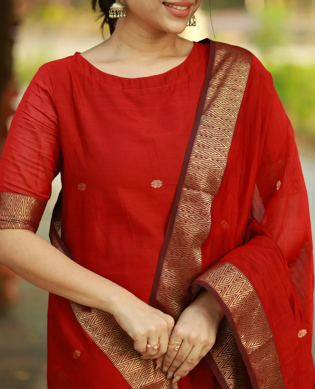 Nayantara Elegant Straight Kanchi Cotton Red Kurti With Dupatta