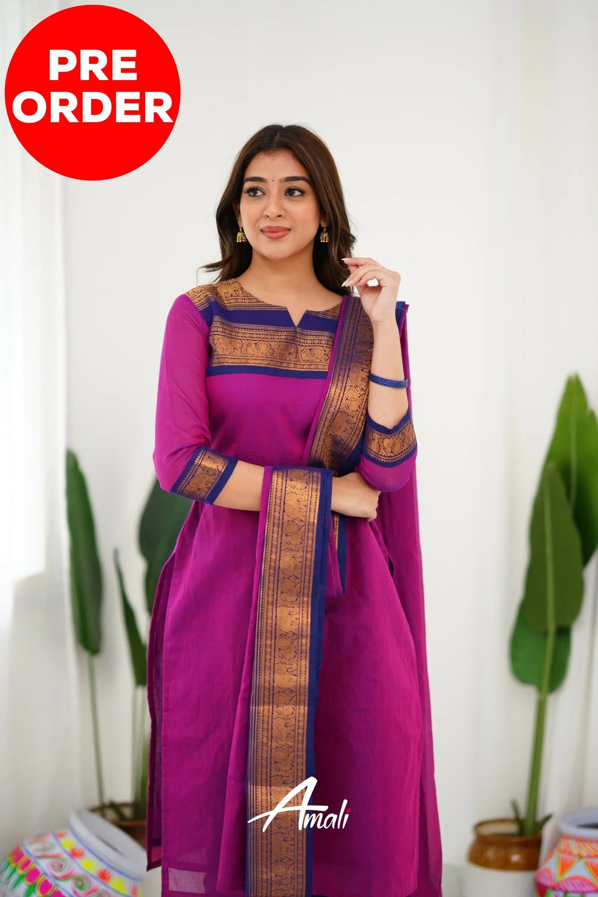 Meera Elegant Kanchi Cotton V-Neck Pink Kurti With Dupatta