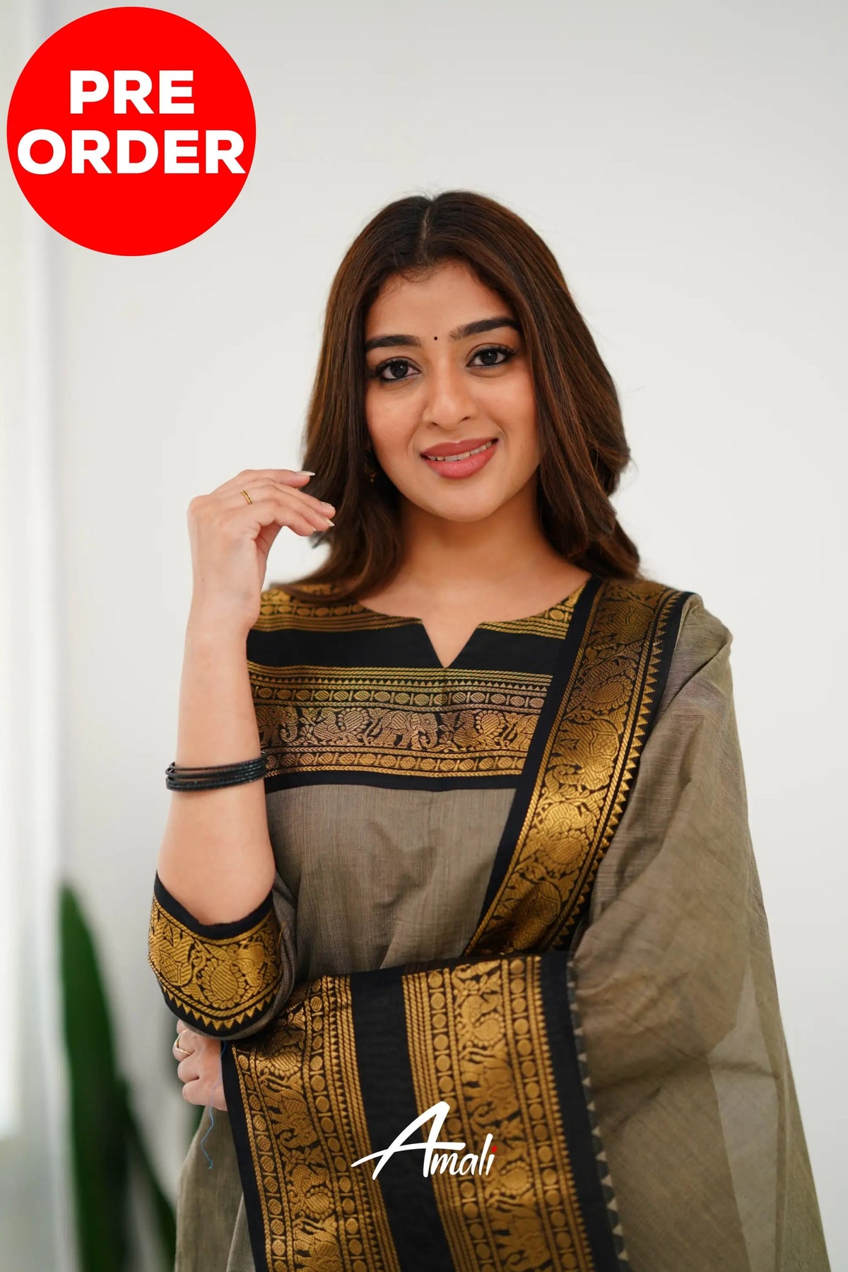Meera Elegant Kanchi Cotton V-Neck Cream Kurti With Dupatta