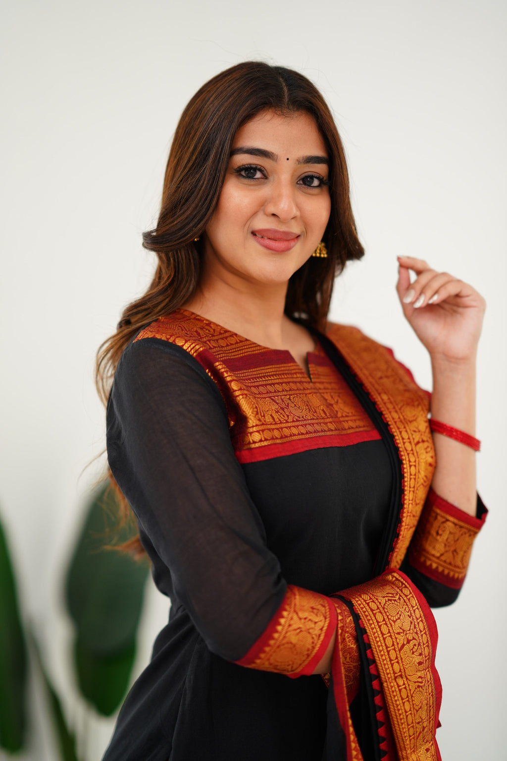 Meera Elegant Kanchi Cotton V-Neck Black Kurti With Dupatta