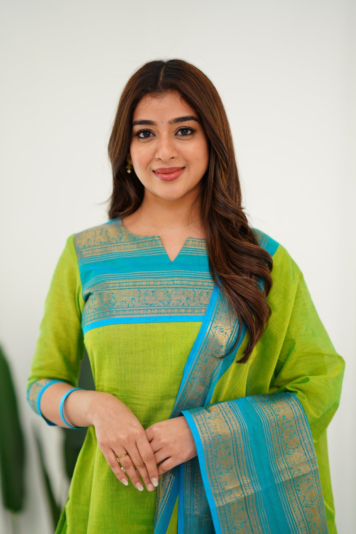 Meera Elegant Kanchi Cotton V-Neck Light Green Kurti With Dupatta