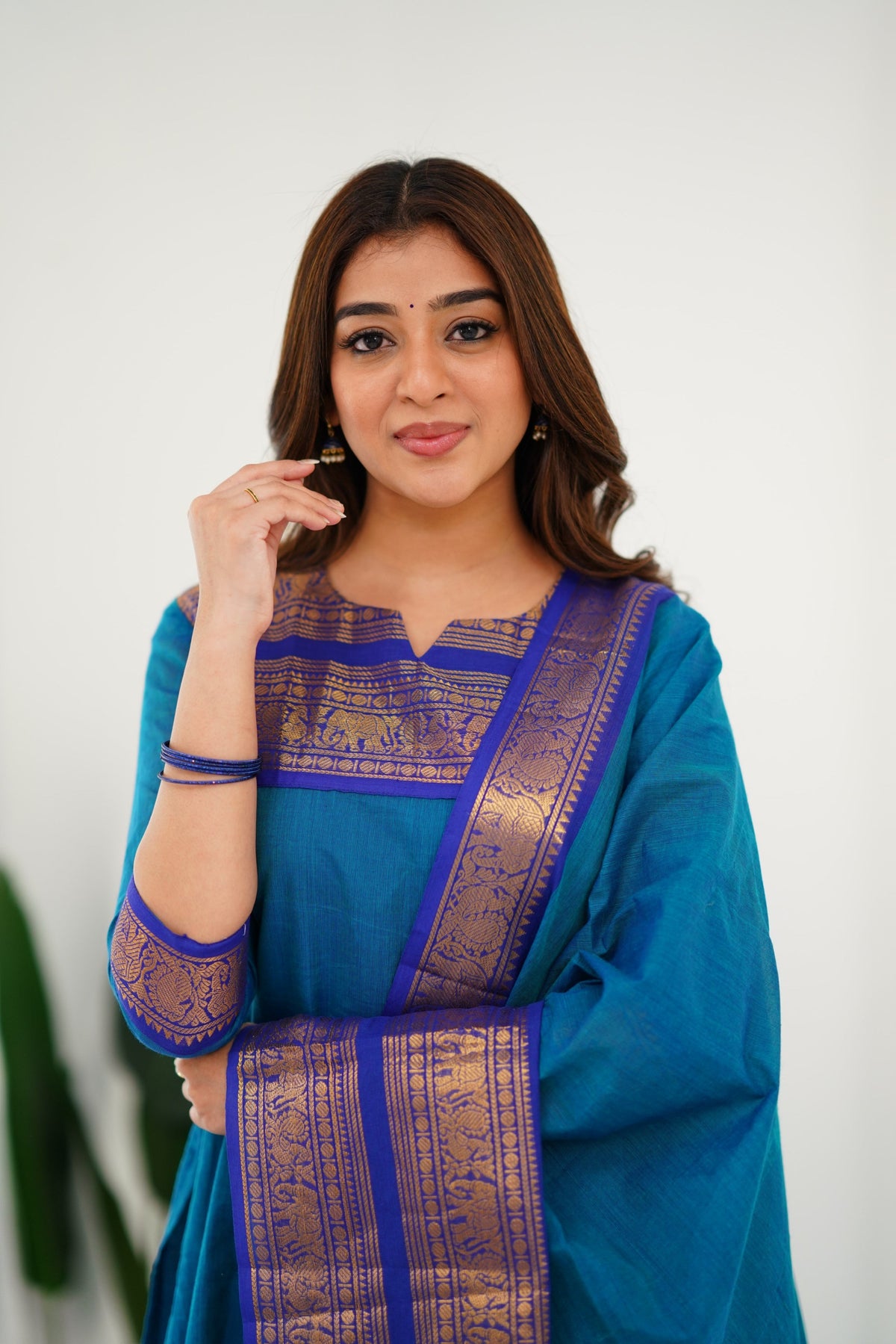 Meera Elegant Kanchi Cotton V-Neck Sky Blue Kurti With Dupatta