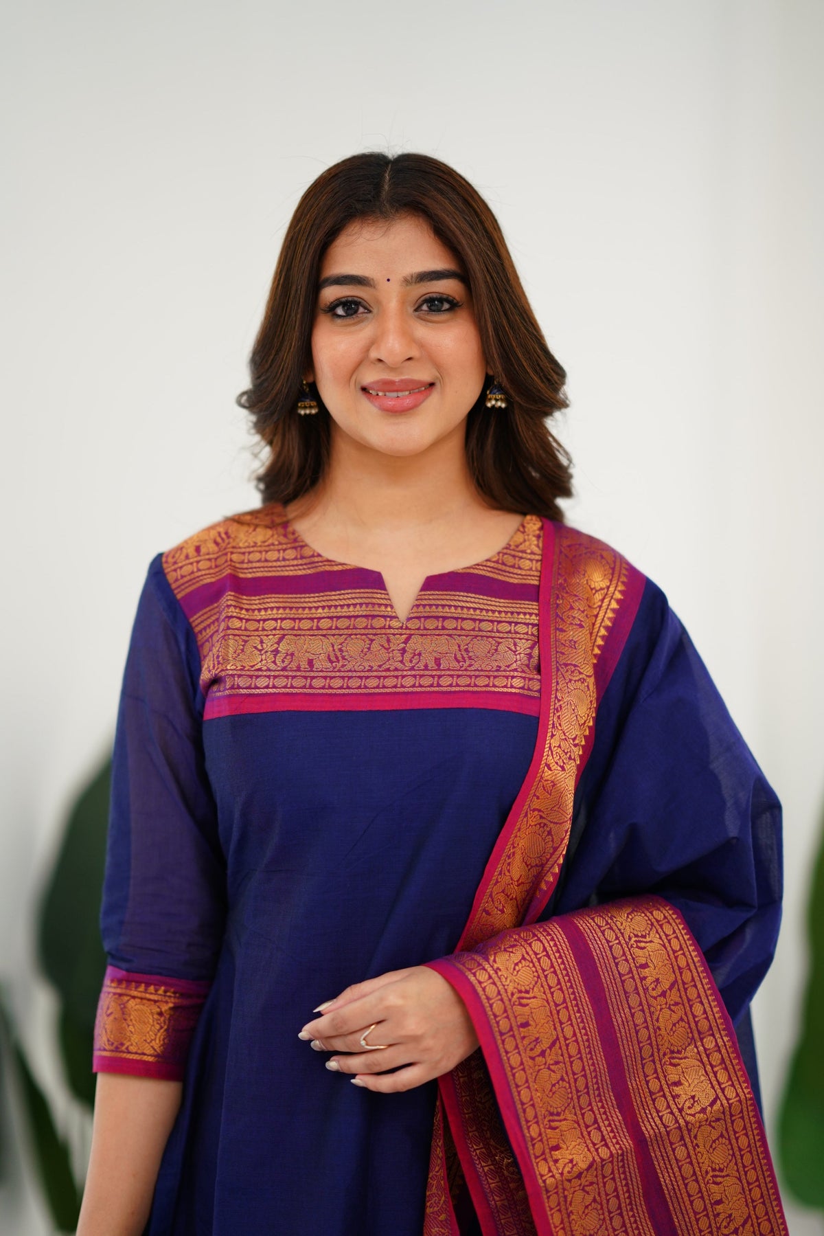 Meera Elegant Kanchi Cotton V-Neck Blue Kurti With Dupatta