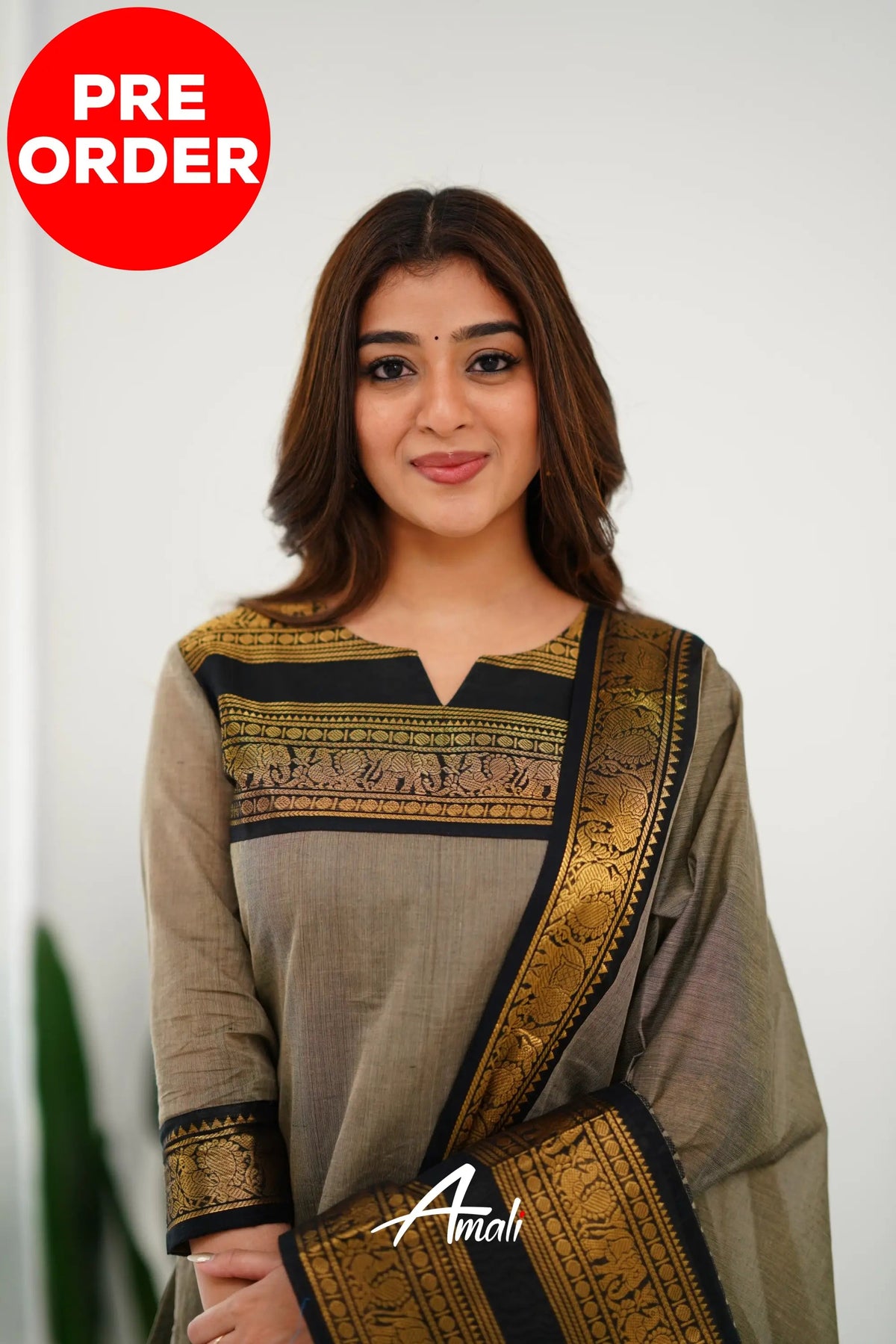 Meera Elegant Kanchi Cotton V-Neck Cream Kurti With Dupatta