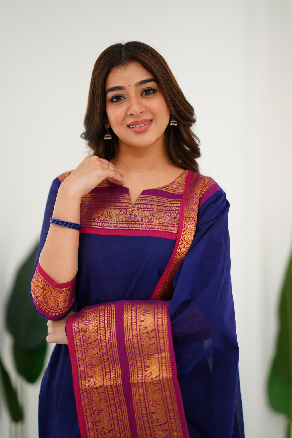 Meera Elegant Kanchi Cotton V-Neck Blue Kurti With Dupatta