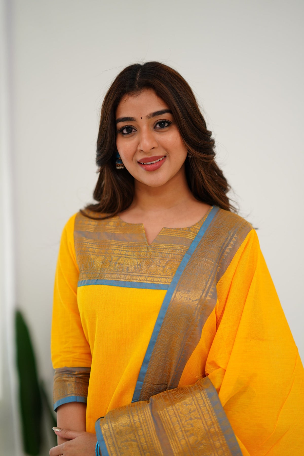 Meera Elegant Kanchi Cotton V-Neck Yellow Kurti With Dupatta