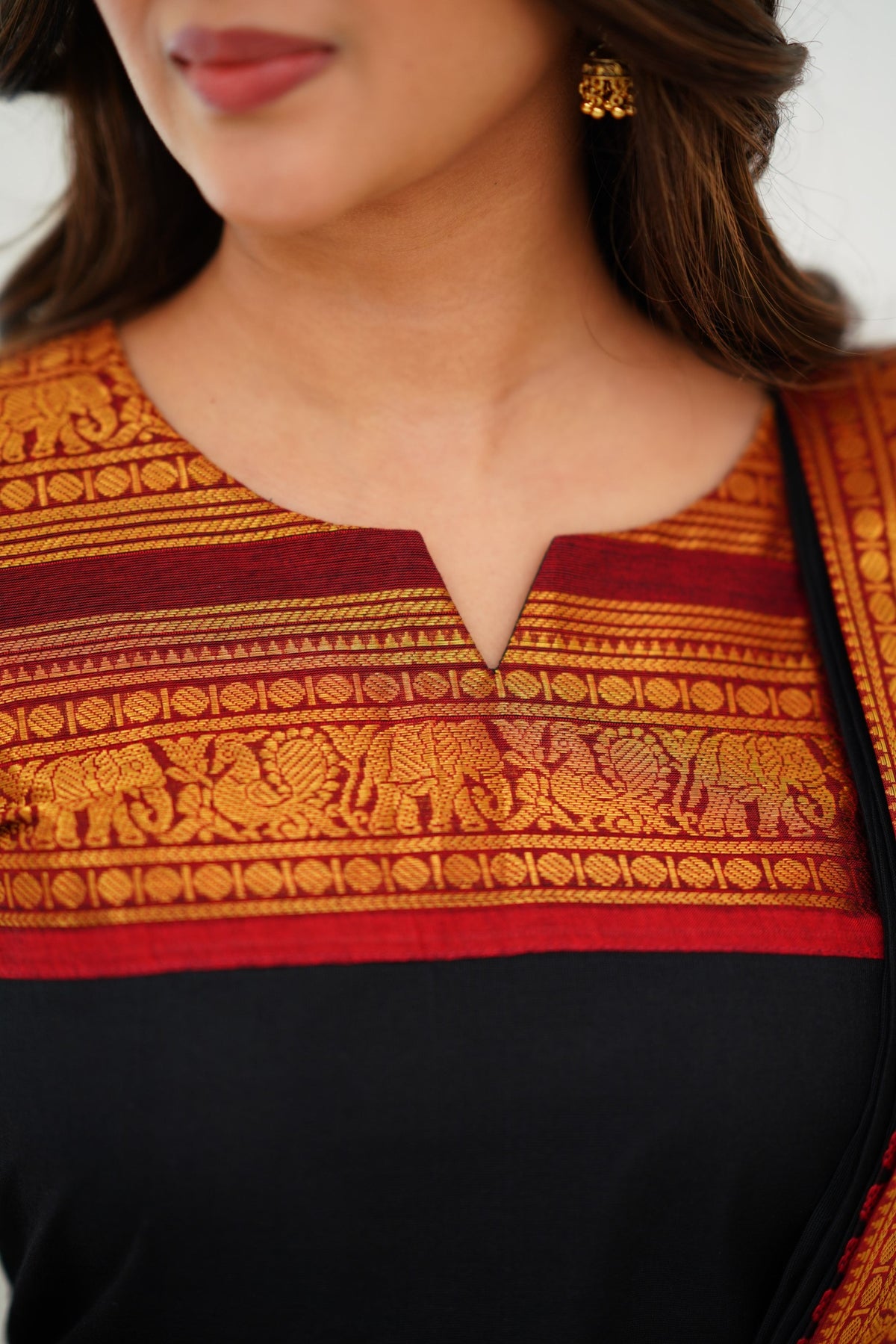 Meera Elegant Kanchi Cotton V-Neck Black Kurti With Dupatta