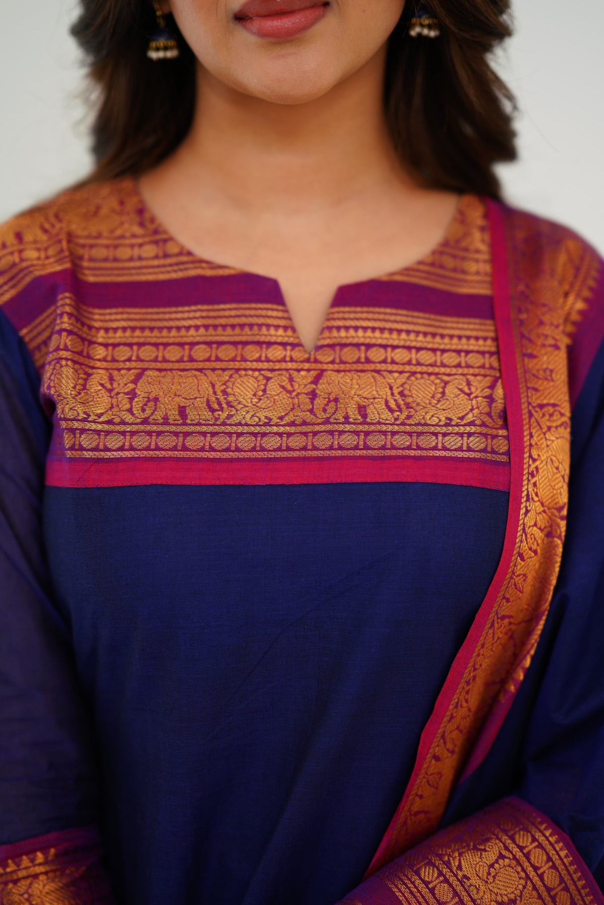 Meera Elegant Kanchi Cotton V-Neck Blue Kurti With Dupatta