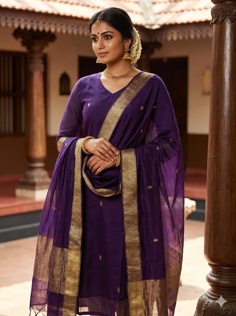Nayantara Elegant Straight Kanchi Cotton Violet Kurti With Dupatta
