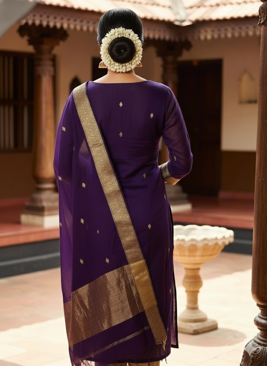 Nayantara Elegant Straight Kanchi Cotton Violet Kurti With Dupatta