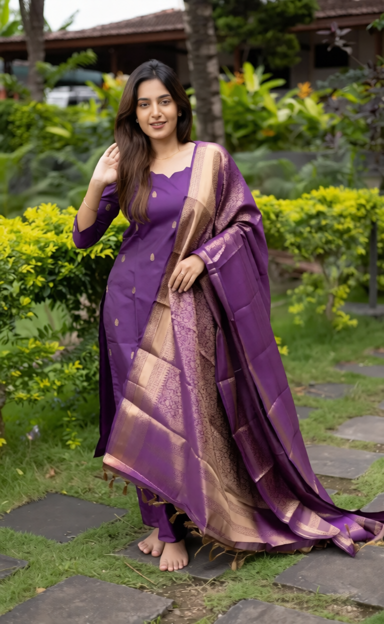 Premium Blended Silk Zari Work Violet Kurti Set