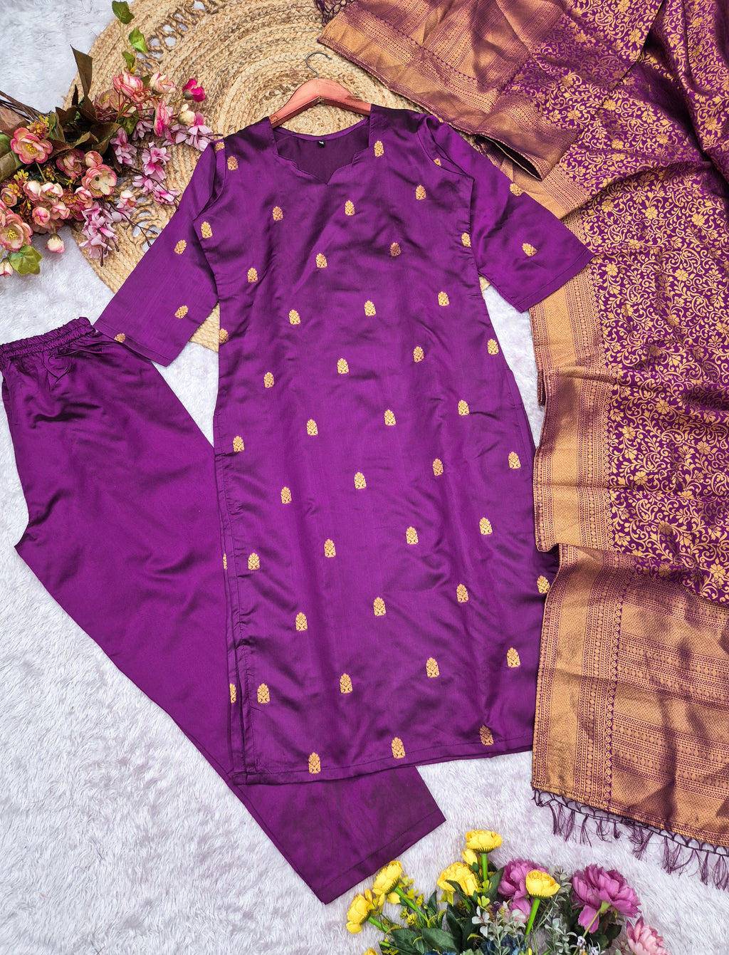 Premium Blended Silk Zari Work Violet Kurti Set