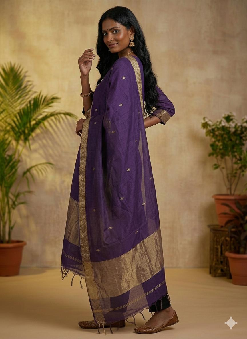 Nayantara Elegant Straight Kanchi Cotton Violet Kurti With Dupatta