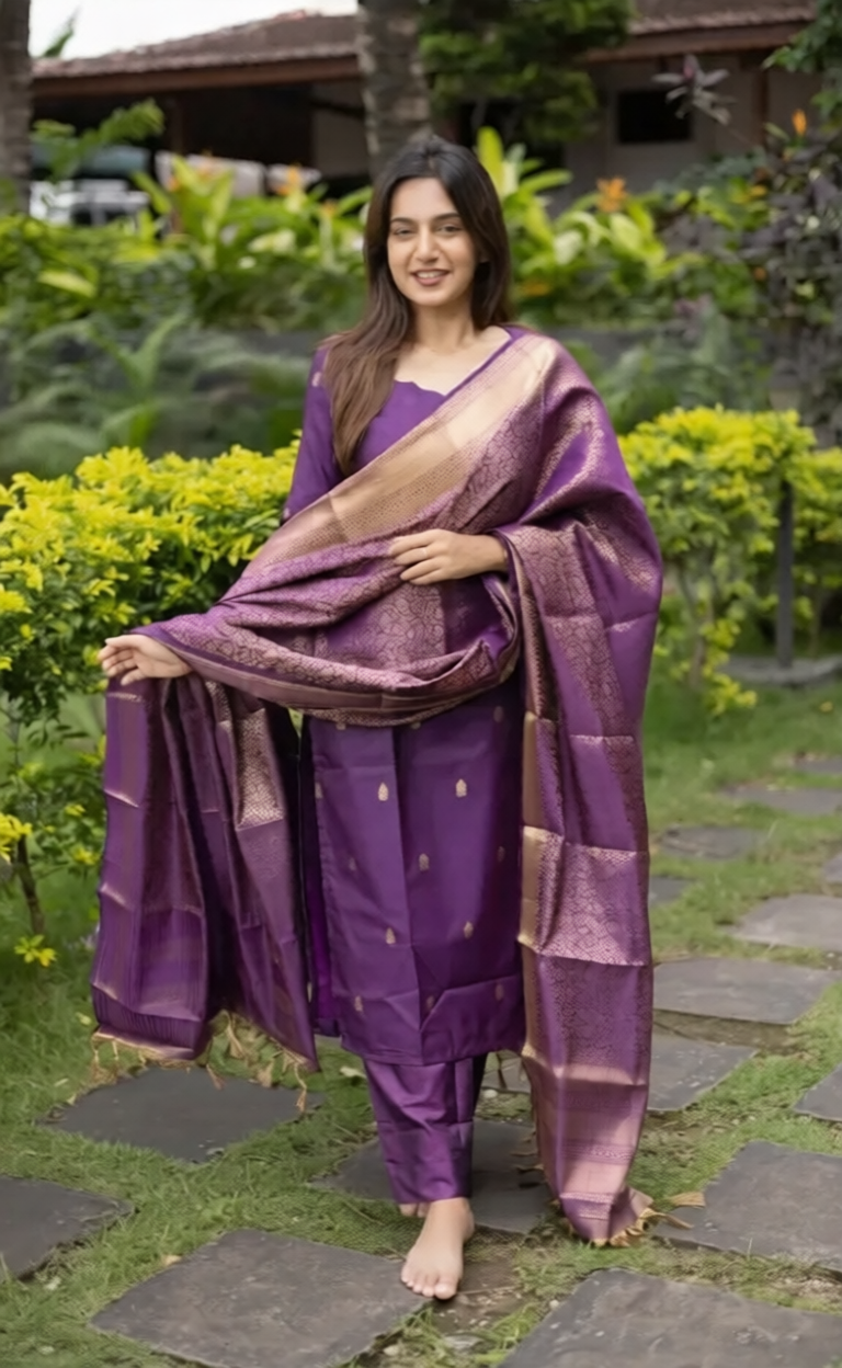 Premium Blended Silk Zari Work Violet Kurti Set