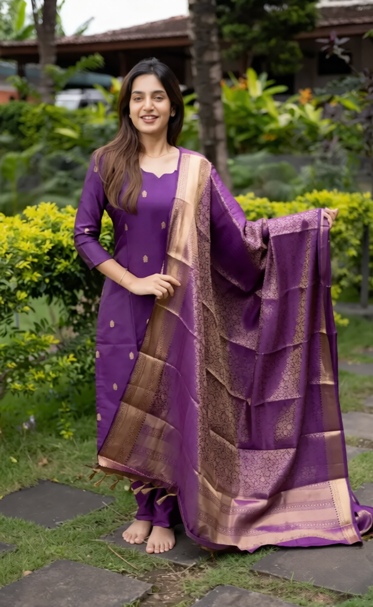 Premium Blended Silk Zari Work Violet Kurti Set