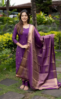 Premium Blended Silk Zari Work Violet Kurti Set
