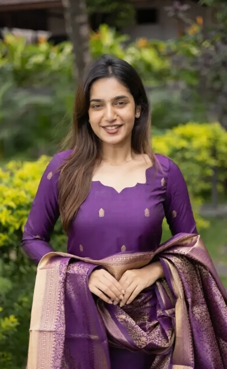 Premium Blended Silk Zari Work Violet Kurti Set