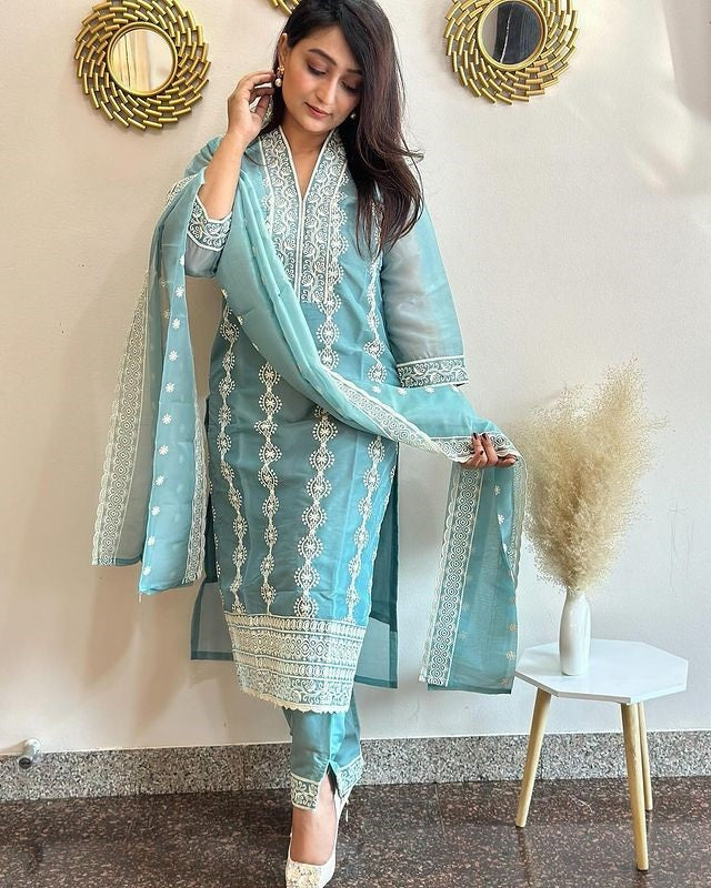 Sky Blue Embroidered Vichitra Kurta Set with Matching Dupatta