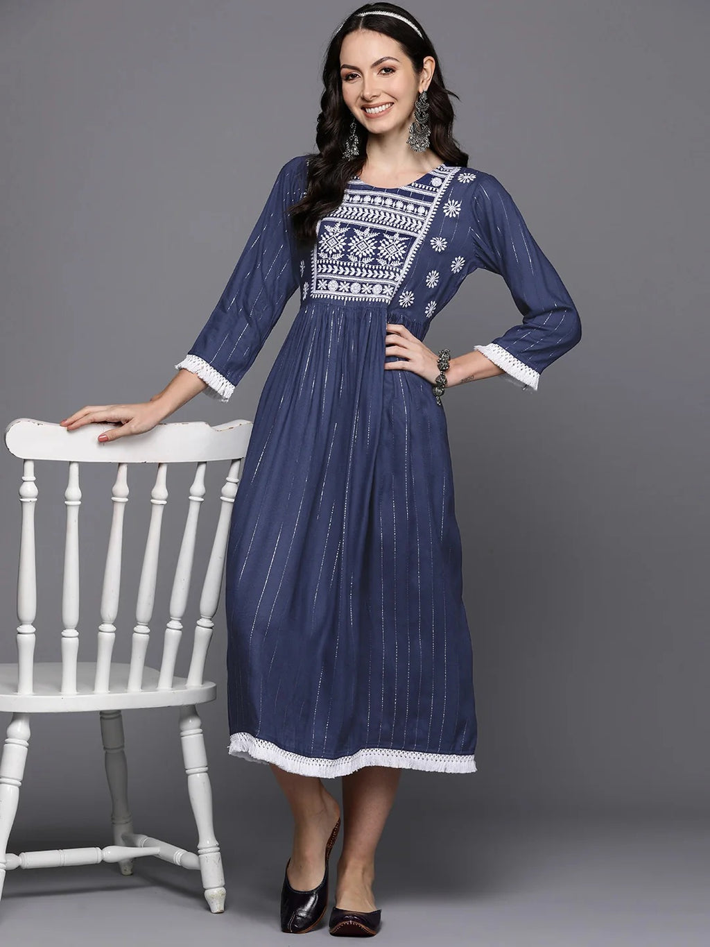 Blue Embroidered A-Line Ethnic Dress