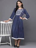 Blue Embroidered A-Line Ethnic Dress