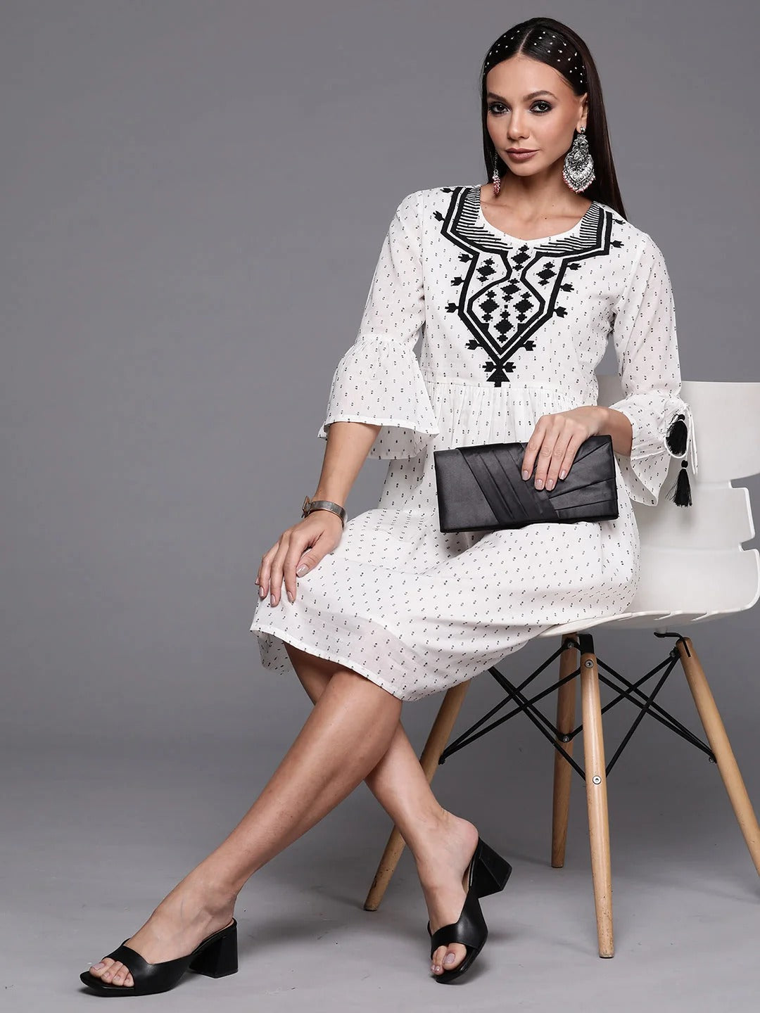 White Embroidered A-line Dresses