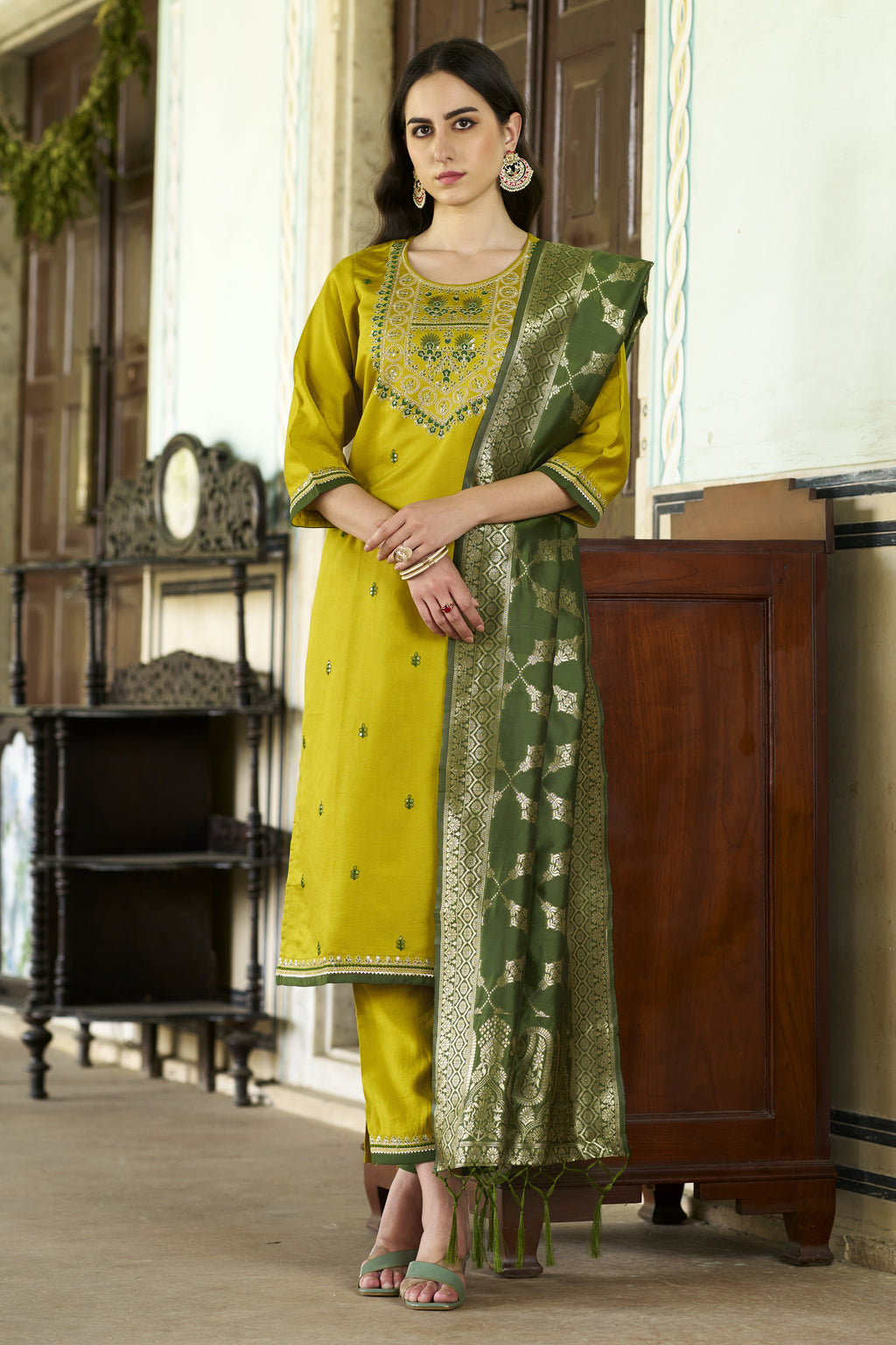 Mustard Silk Kurta Pant Dupatta Set with Embroidery & Art Silk Dupatta