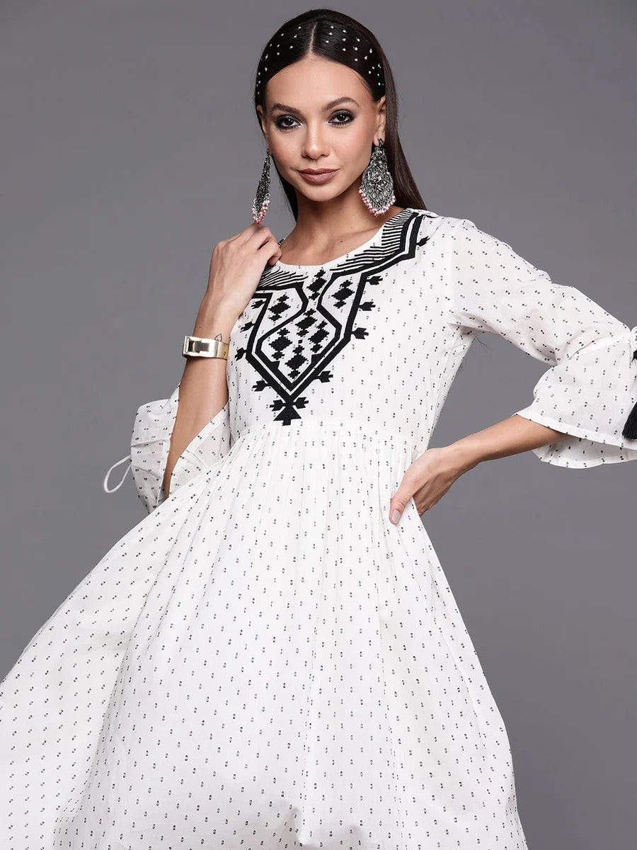 White Embroidered A-line Dresses