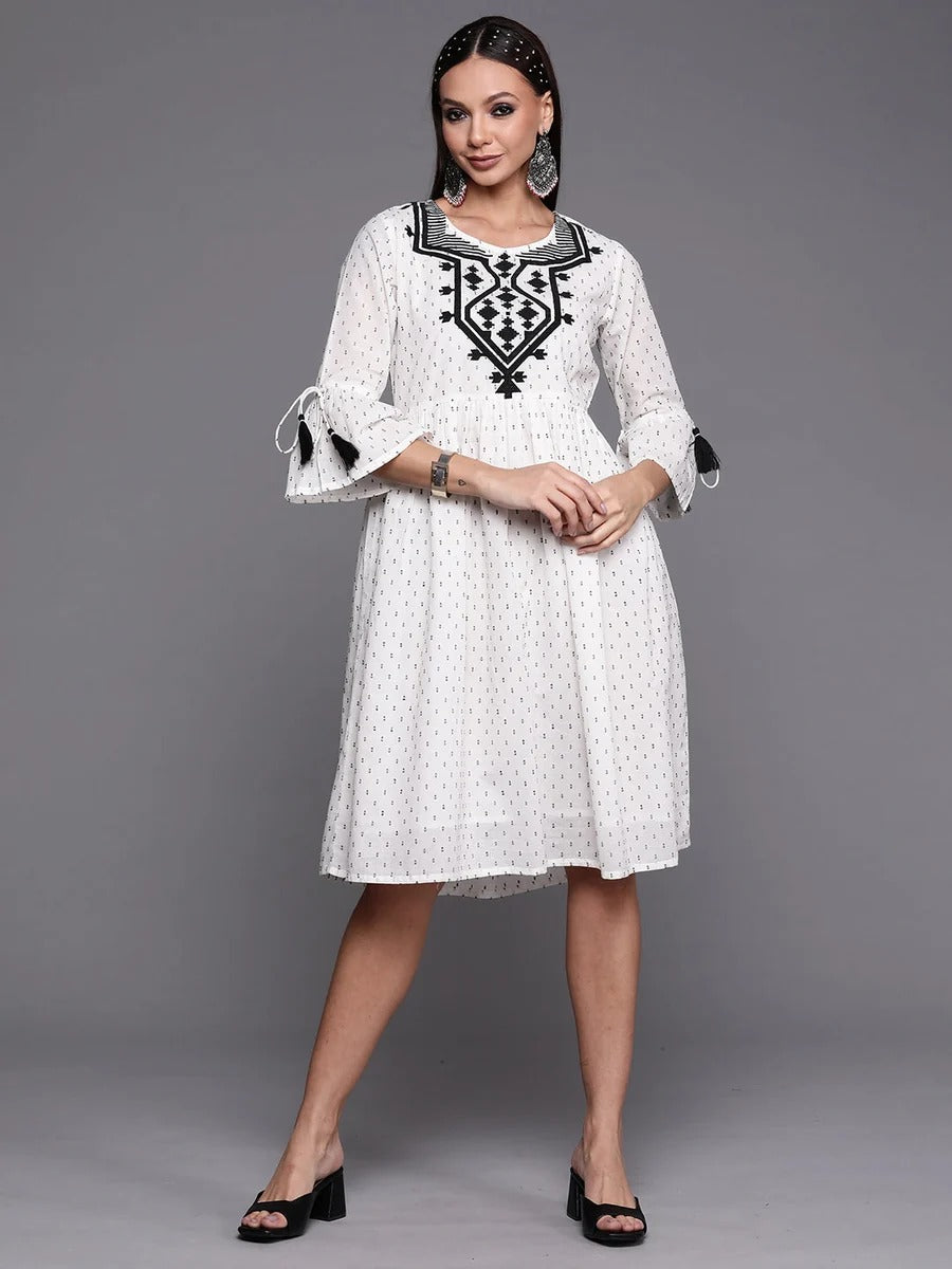 White Embroidered A-line Dresses