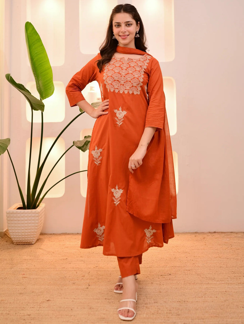 Orange Embroidered Tesla Kurta Set with Matching Dupatta