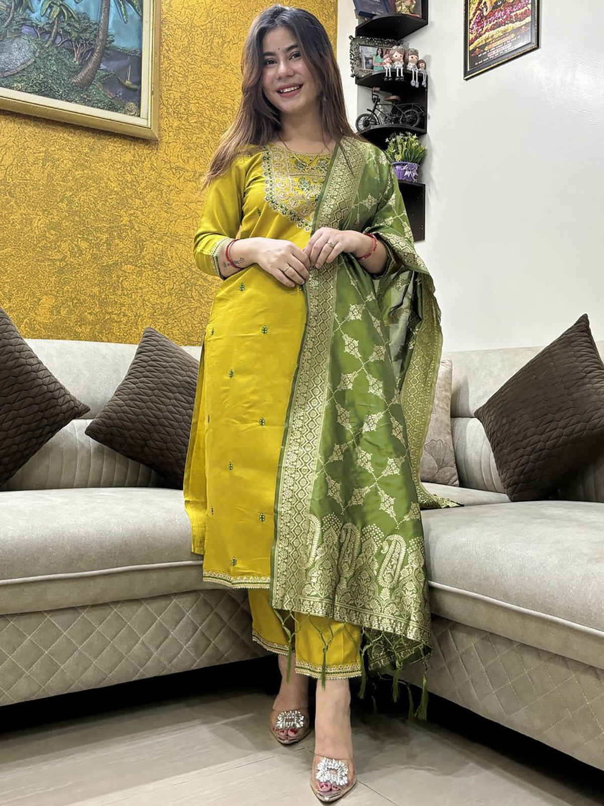 Mustard Silk Kurta Pant Dupatta Set with Embroidery & Art Silk Dupatta