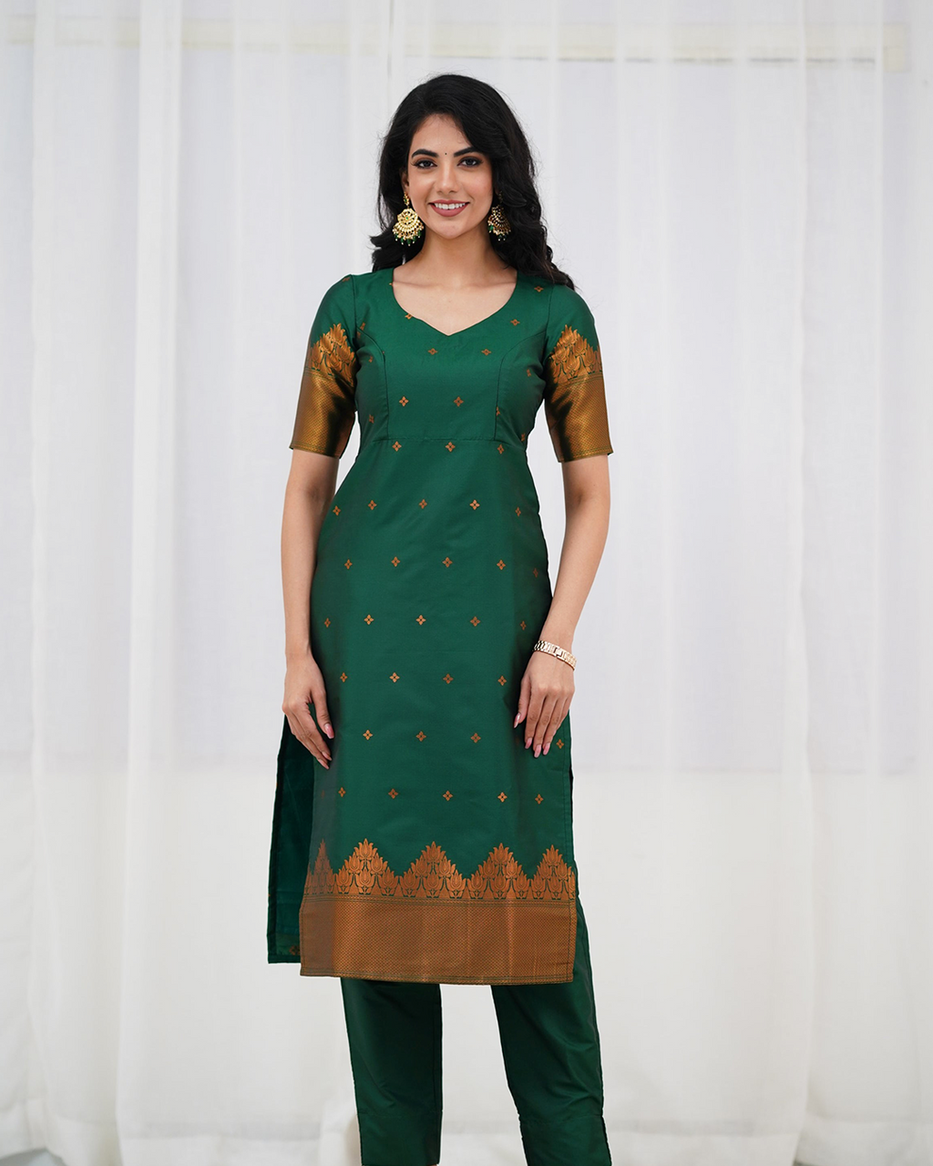 Premium Blended Silk Green Kurti Set