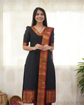 Black Stylish Kanchi Cotton V-Neck Kurti With Dupatta