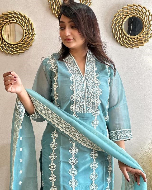 Sky Blue Embroidered Vichitra Kurta Set with Matching Dupatta