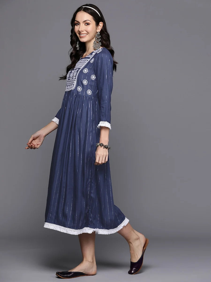 Blue Embroidered A-Line Ethnic Dress