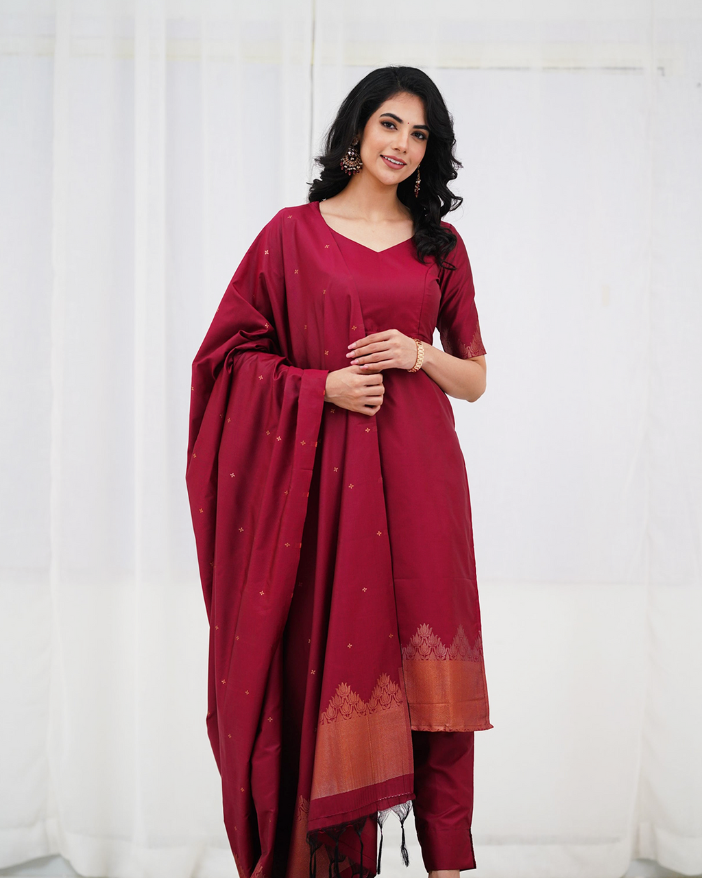 Premium Blended Silk Maroon Kurti Set