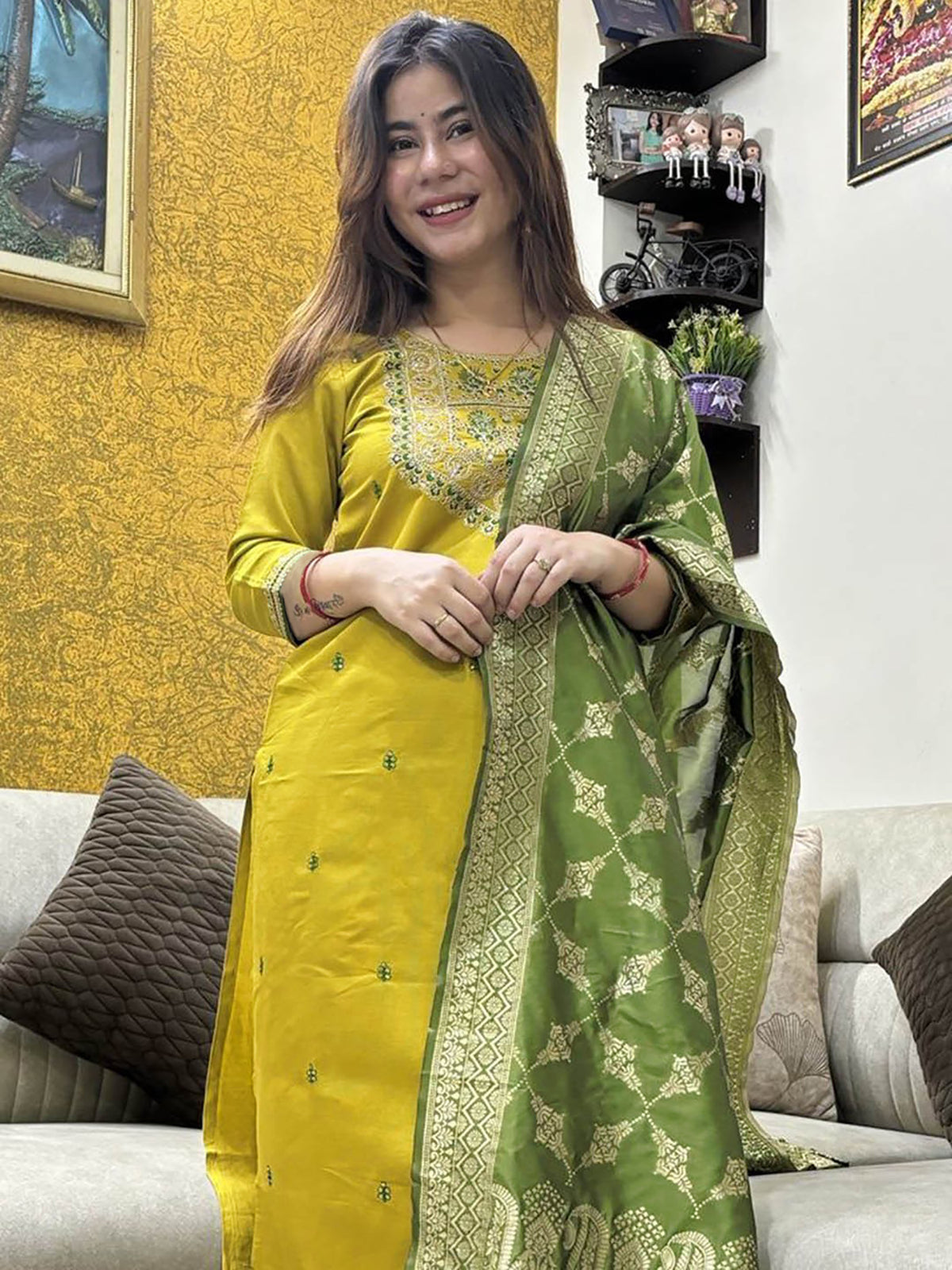 Mustard Silk Kurta Pant Dupatta Set with Embroidery & Art Silk Dupatta