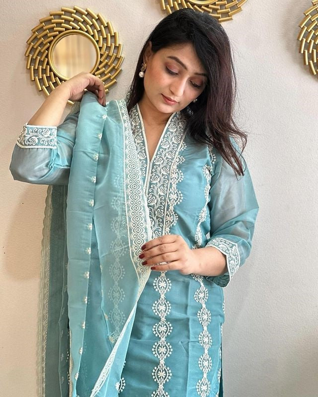 Sky Blue Embroidered Vichitra Kurta Set with Matching Dupatta