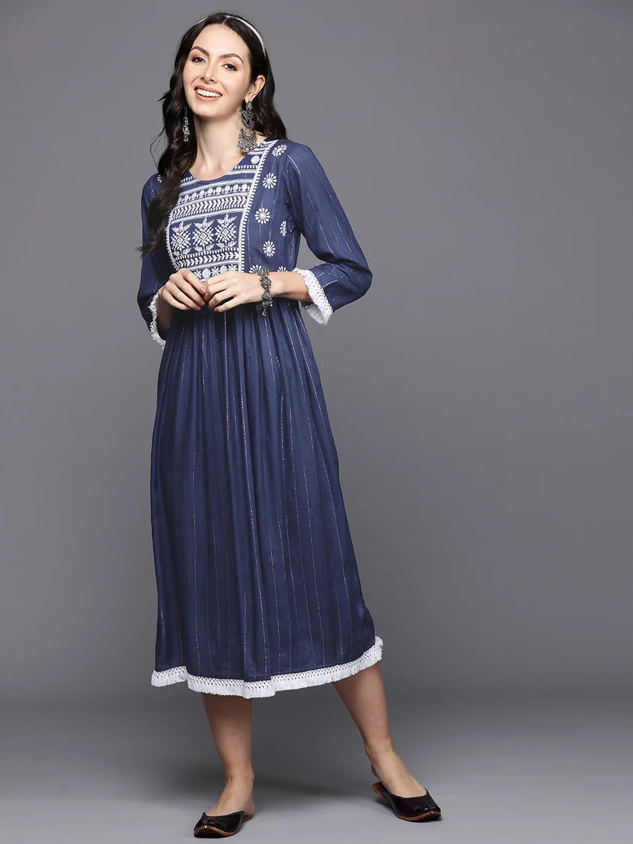 Blue Embroidered A-Line Ethnic Dress