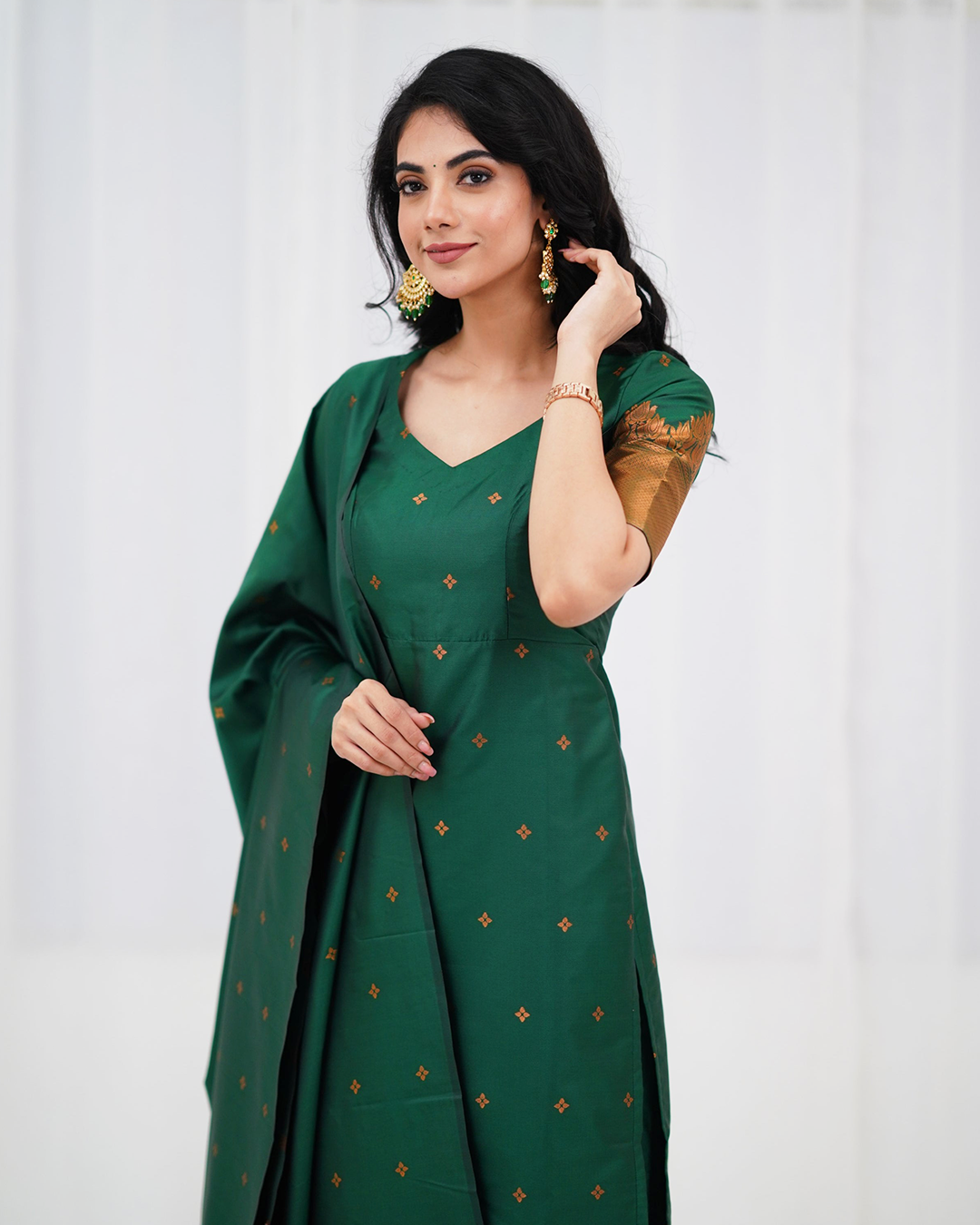 Premium Blended Silk Green Kurti Set